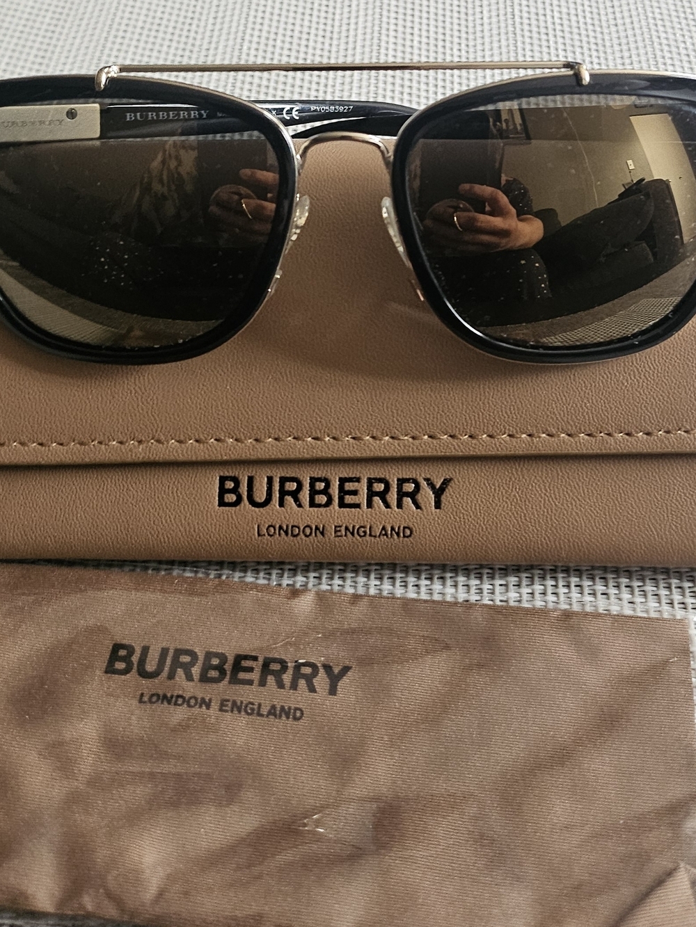 Burberry B4240 Black Aviator Sunglasses with Brown Case and Cleaning Pouch